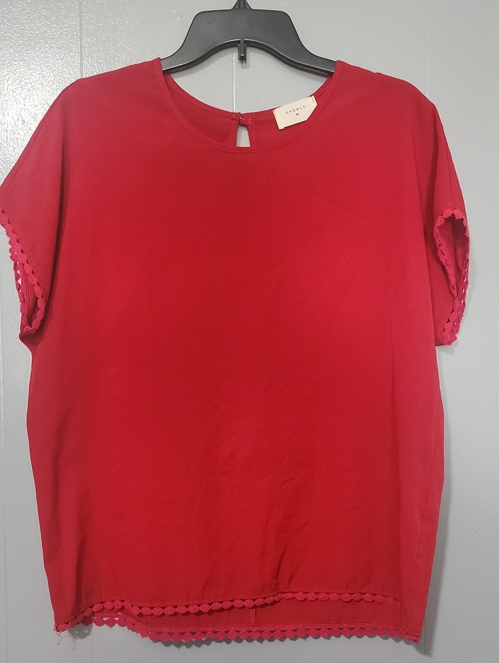 Everly Red Short Sleeve Blouse with Pom Trim